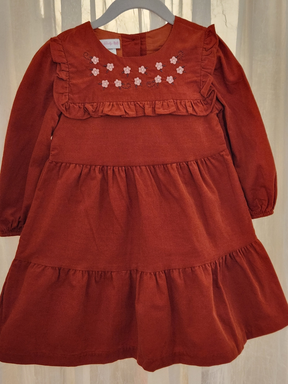 Bonnie Jean Rust Corduroy Embroidered Floral-Yoke Tiered Dress, S-0/3, 3T, NWT